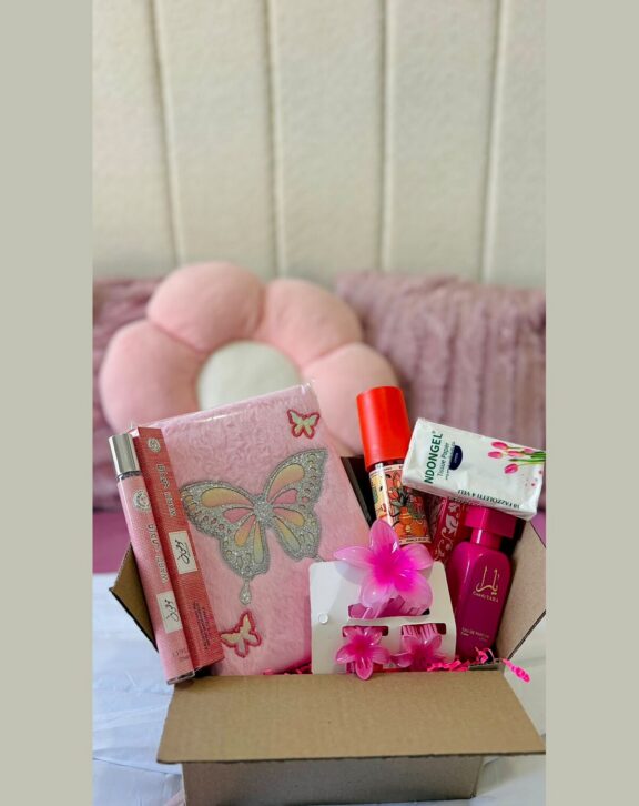 Gift box with a plush butterfly journal and a perfume.